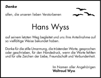 Traueranzeige von Hans Wyss von Schwetzinger Zeitung