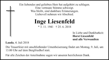Traueranzeige von Inge Liesenfeld von Fränkische Nachrichten