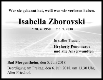 Traueranzeige von Isabella Zborovski von Fränkische Nachrichten