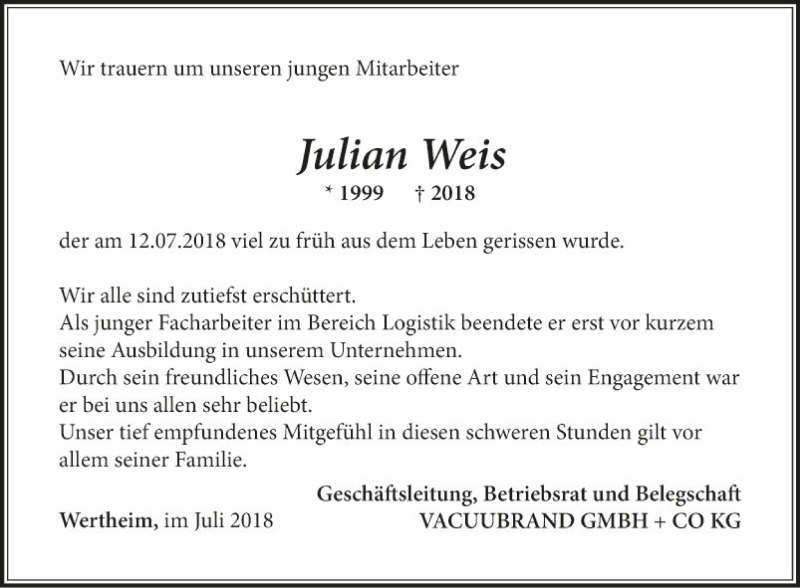  Traueranzeige für Julian Weis vom 18.07.2018 aus Fränkische Nachrichten
