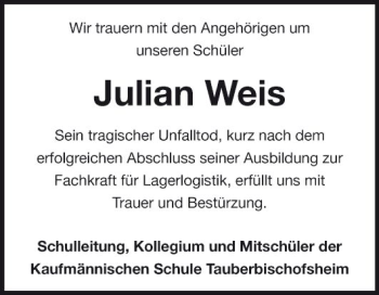Traueranzeige von Julian Weis von Fränkische Nachrichten