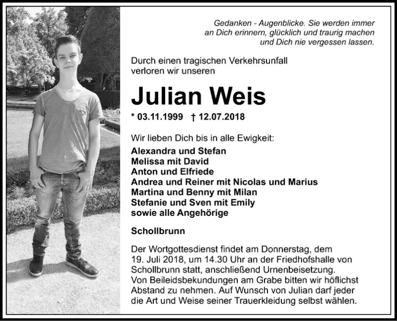  Traueranzeige für Julian Weis vom 16.07.2018 aus Fränkische Nachrichten