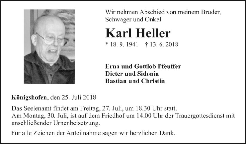  Traueranzeige für Karl Heller vom 25.07.2018 aus Fränkische Nachrichten