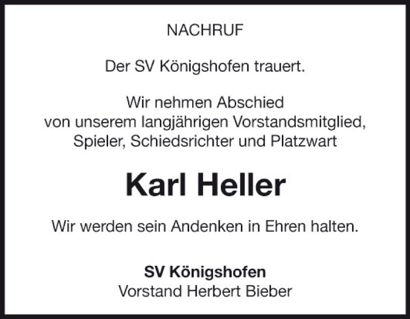  Traueranzeige für Karl Heller vom 26.07.2018 aus Fränkische Nachrichten
