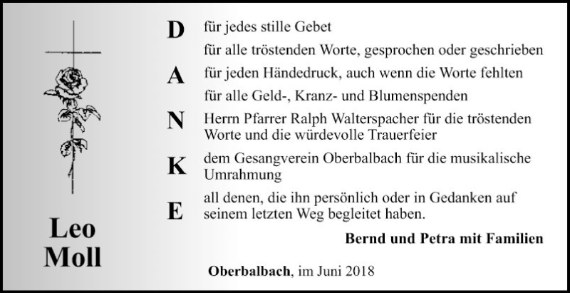  Traueranzeige für Leo Moll vom 30.06.2018 aus Fränkische Nachrichten