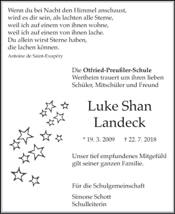 Traueranzeige von Luke Shan Landeck von Fränkische Nachrichten