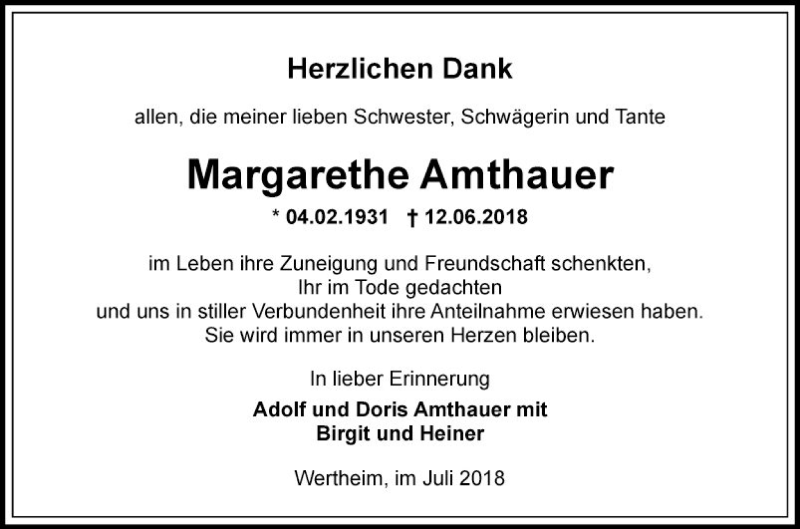  Traueranzeige für Margarethe Amthauer vom 28.07.2018 aus Fränkische Nachrichten