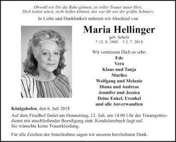 Traueranzeige von Maria Hellinger von Fränkische Nachrichten
