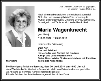 Traueranzeige von Maria Wagenknecht von Fränkische Nachrichten