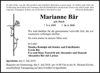 Traueranzeige von Marianne Bär von Fränkische Nachrichten