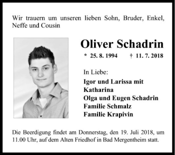 Traueranzeige von Oliver Schadrin von Fränkische Nachrichten
