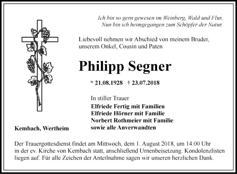  Traueranzeige für Philipp Segner vom 28.07.2018 aus Fränkische Nachrichten