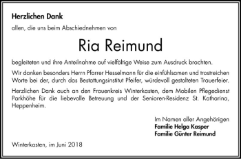 Traueranzeige von Ria Reimund von Bergsträßer Anzeiger