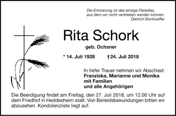 Traueranzeige von Rita Schork von Mannheimer Morgen
