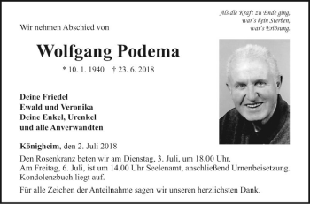 Traueranzeige von Wolfgang Podema von Fränkische Nachrichten