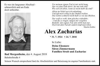 Traueranzeige von Alex Zacharias von Fränkische Nachrichten