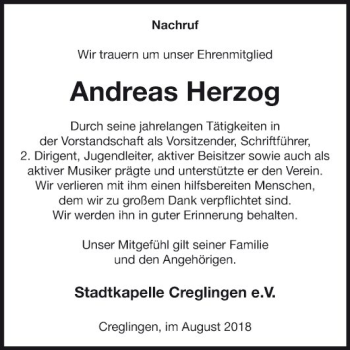 Traueranzeige von Andreas Herzog von Fränkische Nachrichten