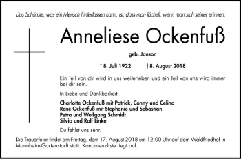 Traueranzeige von Anneliese Ockenfuß von Mannheimer Morgen