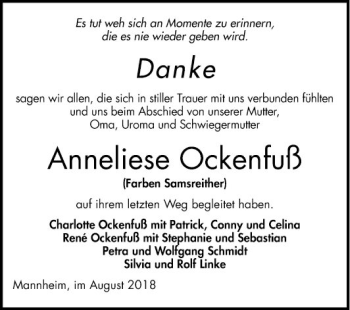 Traueranzeige von Anneliese Ockenfuß von Mannheimer Morgen