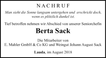 Traueranzeige von Berta Sack von Fränkische Nachrichten