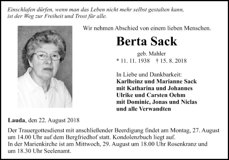  Traueranzeige für Berta Sack vom 22.08.2018 aus Fränkische Nachrichten