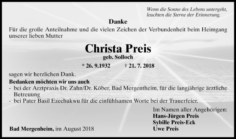  Traueranzeige für Christa Preis vom 11.08.2018 aus Fränkische Nachrichten