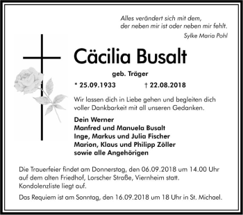 Traueranzeige von Cäcilia Busalt von Südhessen Morgen