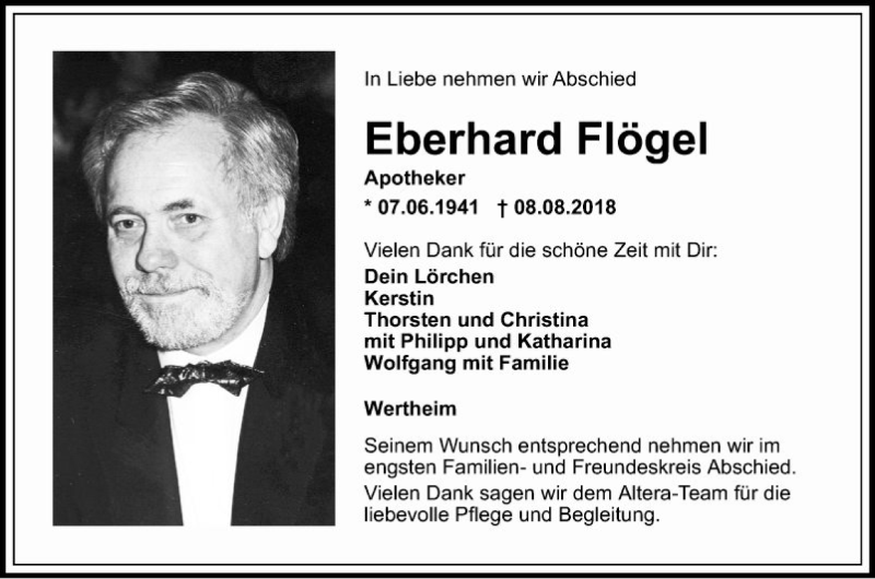  Traueranzeige für Eberhard Flögel vom 11.08.2018 aus Fränkische Nachrichten