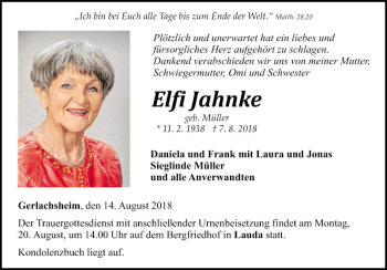 Traueranzeige von Eifi Jahnke von Fränkische Nachrichten