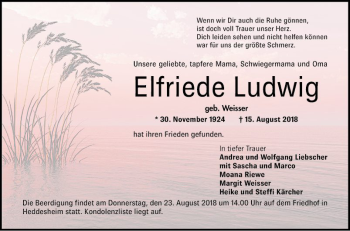 Traueranzeige von Elfriede Ludwig von Mannheimer Morgen
