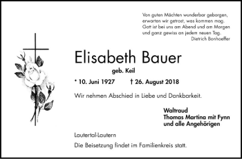 Traueranzeige von Elisabeth Bauer von Bergsträßer Anzeiger