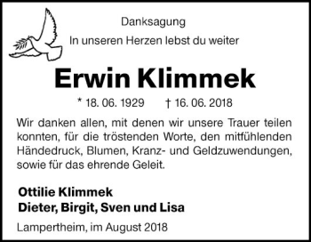 Traueranzeige von Erwin Klimmek von Südhessen Morgen