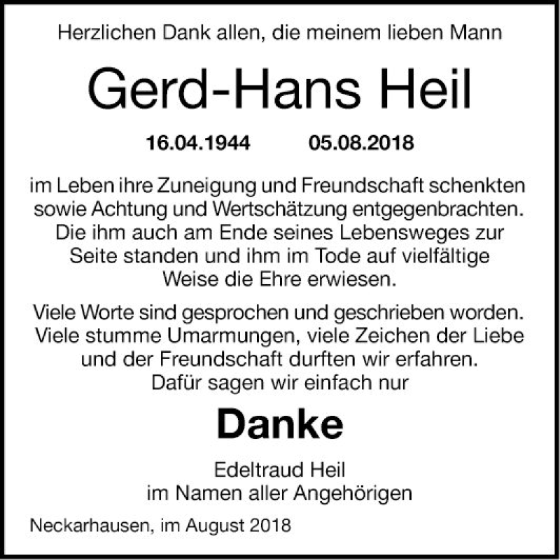  Traueranzeige für Gerd-Hans Heil vom 25.08.2018 aus Mannheimer Morgen
