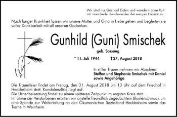 Traueranzeige von Gunhild  Smischek von Mannheimer Morgen