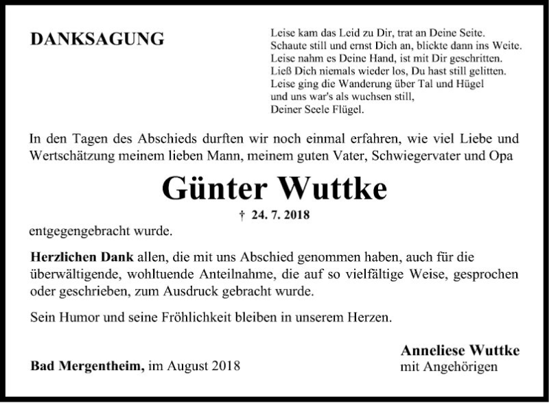  Traueranzeige für Günter Wuttke vom 18.08.2018 aus Fränkische Nachrichten