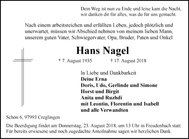  Traueranzeige für Hans Nagel vom 21.08.2018 aus Fränkische Nachrichten