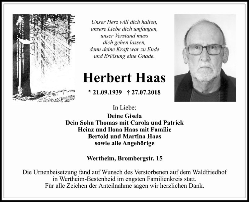  Traueranzeige für Herbert Haas vom 06.08.2018 aus Fränkische Nachrichten