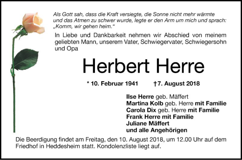  Traueranzeige für Herbert Herre vom 09.08.2018 aus Mannheimer Morgen