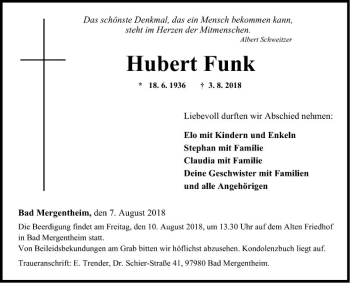 Traueranzeige von Hubert Funk von Fränkische Nachrichten