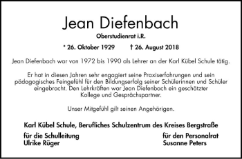 Traueranzeige von Jean Diefenbach von Bergsträßer Anzeiger