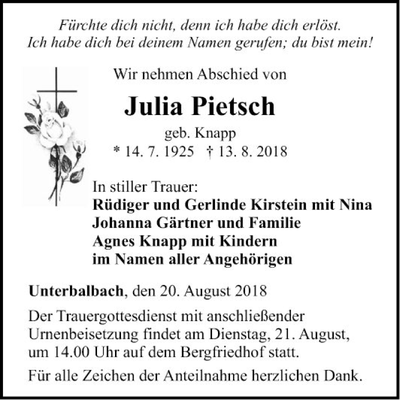  Traueranzeige für Julia Pietsch vom 20.08.2018 aus Fränkische Nachrichten