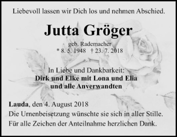 Traueranzeige von Jutta Gröger von Fränkische Nachrichten