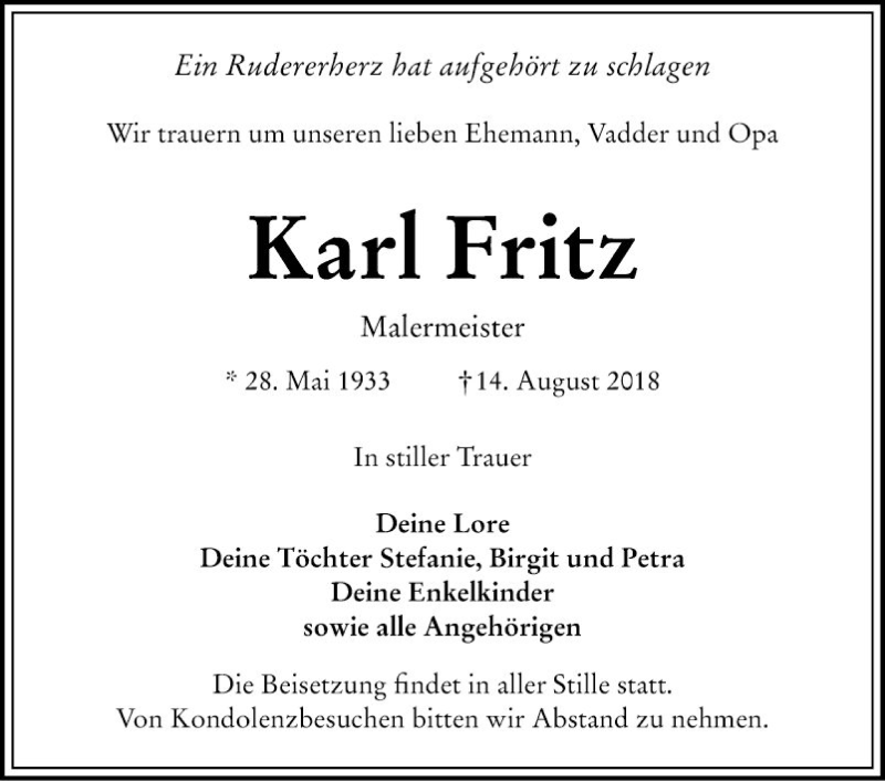  Traueranzeige für Karl Fritz vom 18.08.2018 aus Mannheimer Morgen