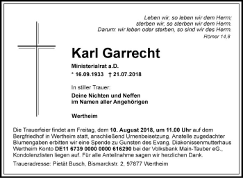 Traueranzeige von Karl Garrecht von Fränkische Nachrichten