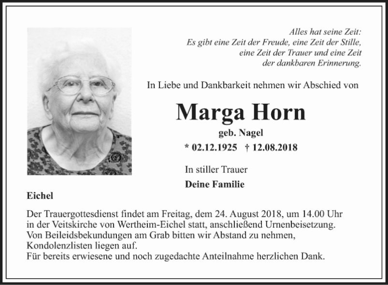  Traueranzeige für Marga Horn vom 21.08.2018 aus Fränkische Nachrichten