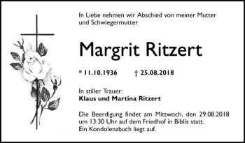 Traueranzeige von Margrit Ritzert von Südhessen Morgen