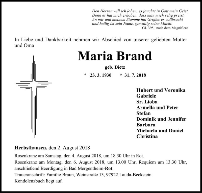  Traueranzeige für Maria Brand vom 02.08.2018 aus Fränkische Nachrichten