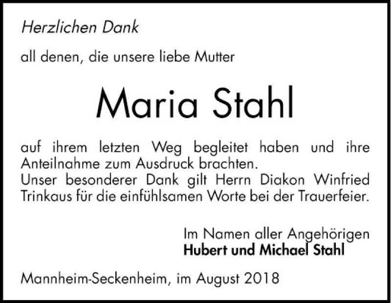  Traueranzeige für Maria Stahl vom 25.08.2018 aus Mannheimer Morgen