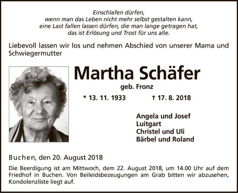 Traueranzeigen von Martha Schäfer | Trauerportal Ihrer Tageszeitung