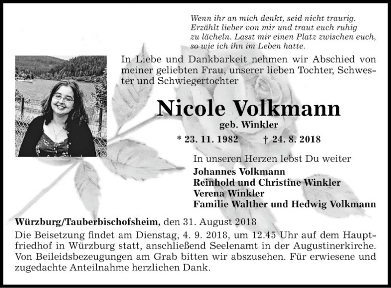  Traueranzeige für Nicole Volkmann vom 31.08.2018 aus Fränkische Nachrichten
